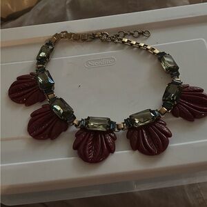 J. Crew Gold-Tone Necklace with Burgundy Resin Leaves and Smoky Crystals